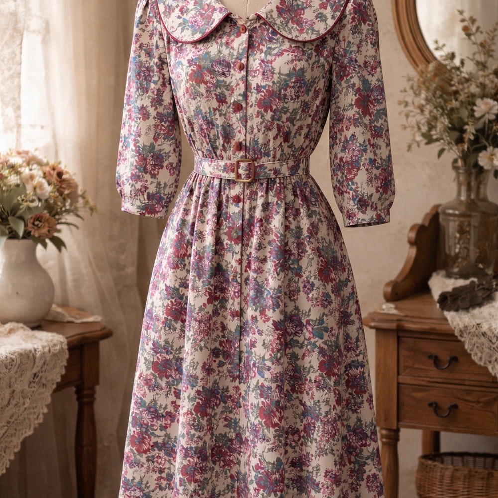 Vintage 80s Whirlaway Frocks Floral Midi Dress Belted Size 16 USA